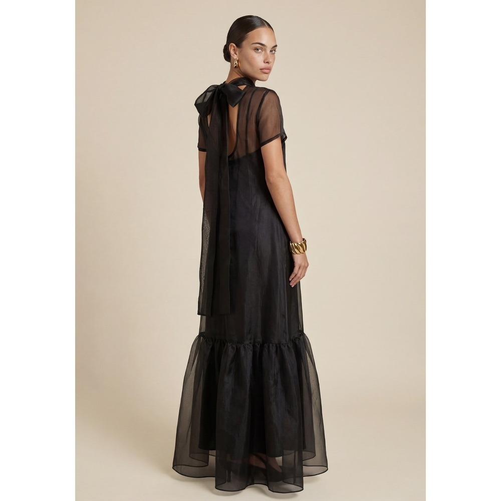 NWT CAARA Melody High Neck Organza Tie Neck Tiered Hem Dress Black - Size Large - Picture 8 of 12
